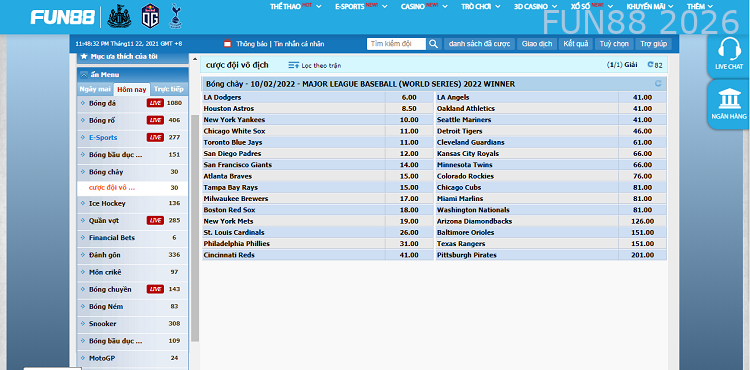 Cá cược bóng chày tại Fun88